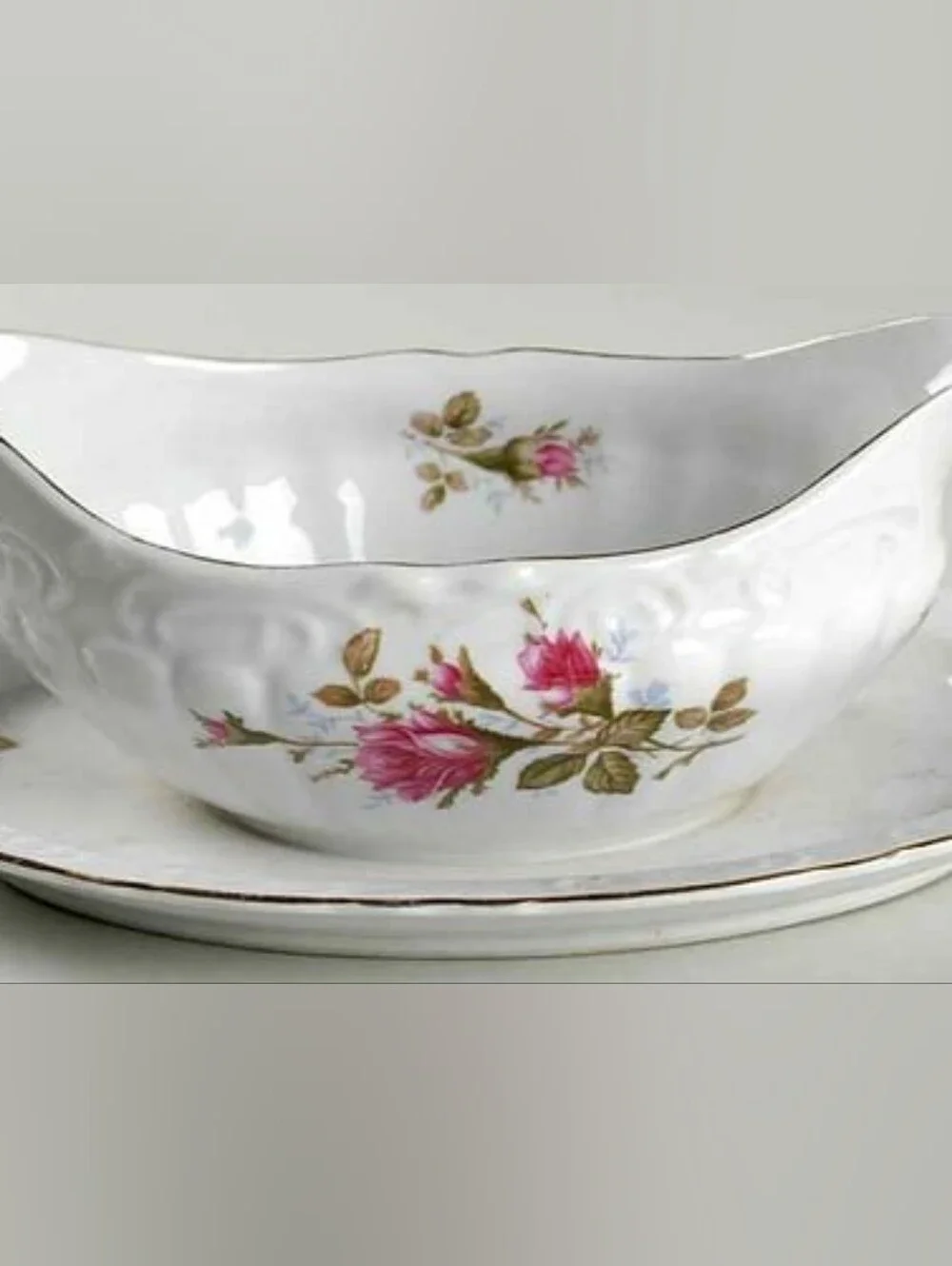 Vintage Royal Rose Bond Fine China Japan Gravy Boat with Attached Underplate